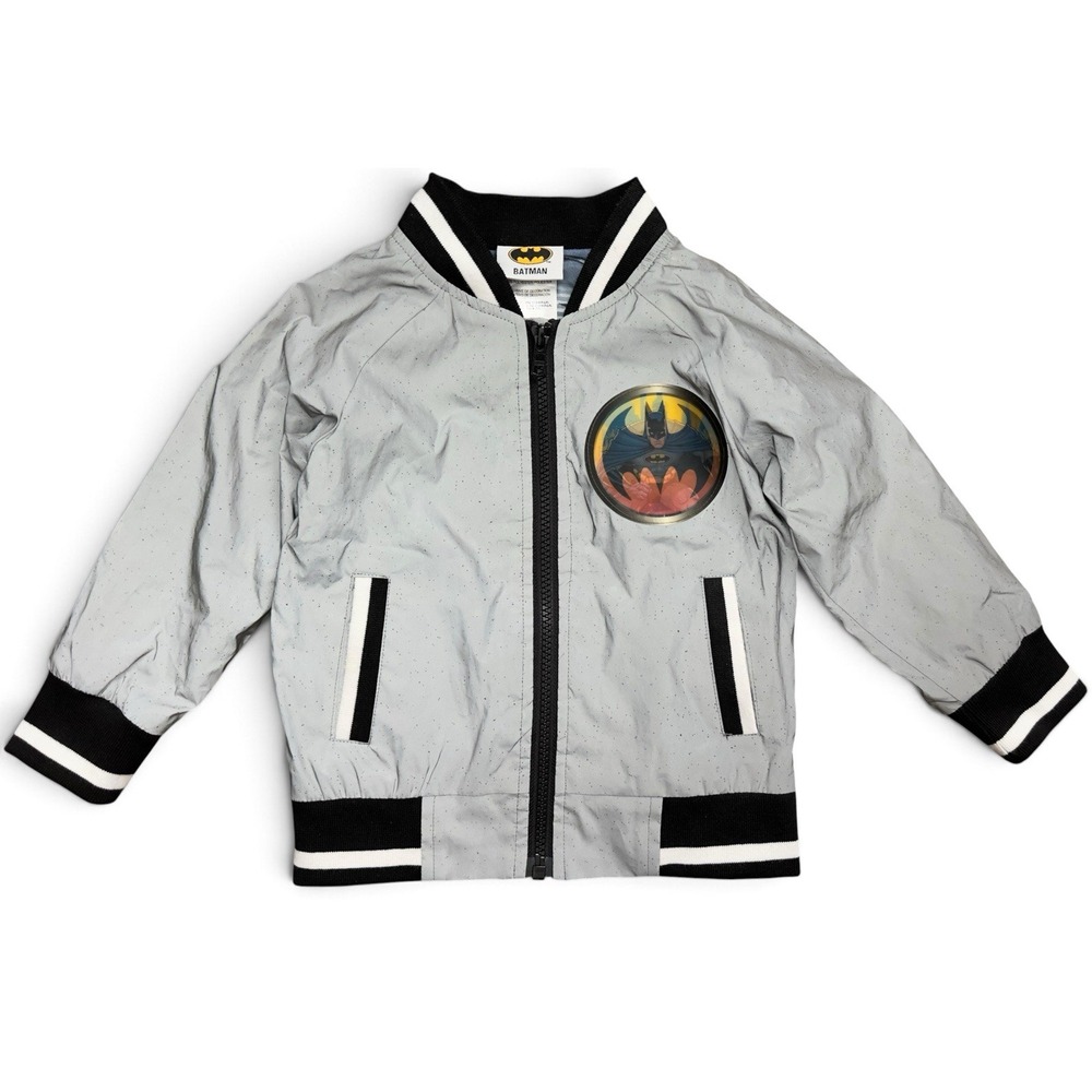 Reflective DC Boy's Batman Bomber Varsity Gray Silver Jacket Zip Boys Size 2T